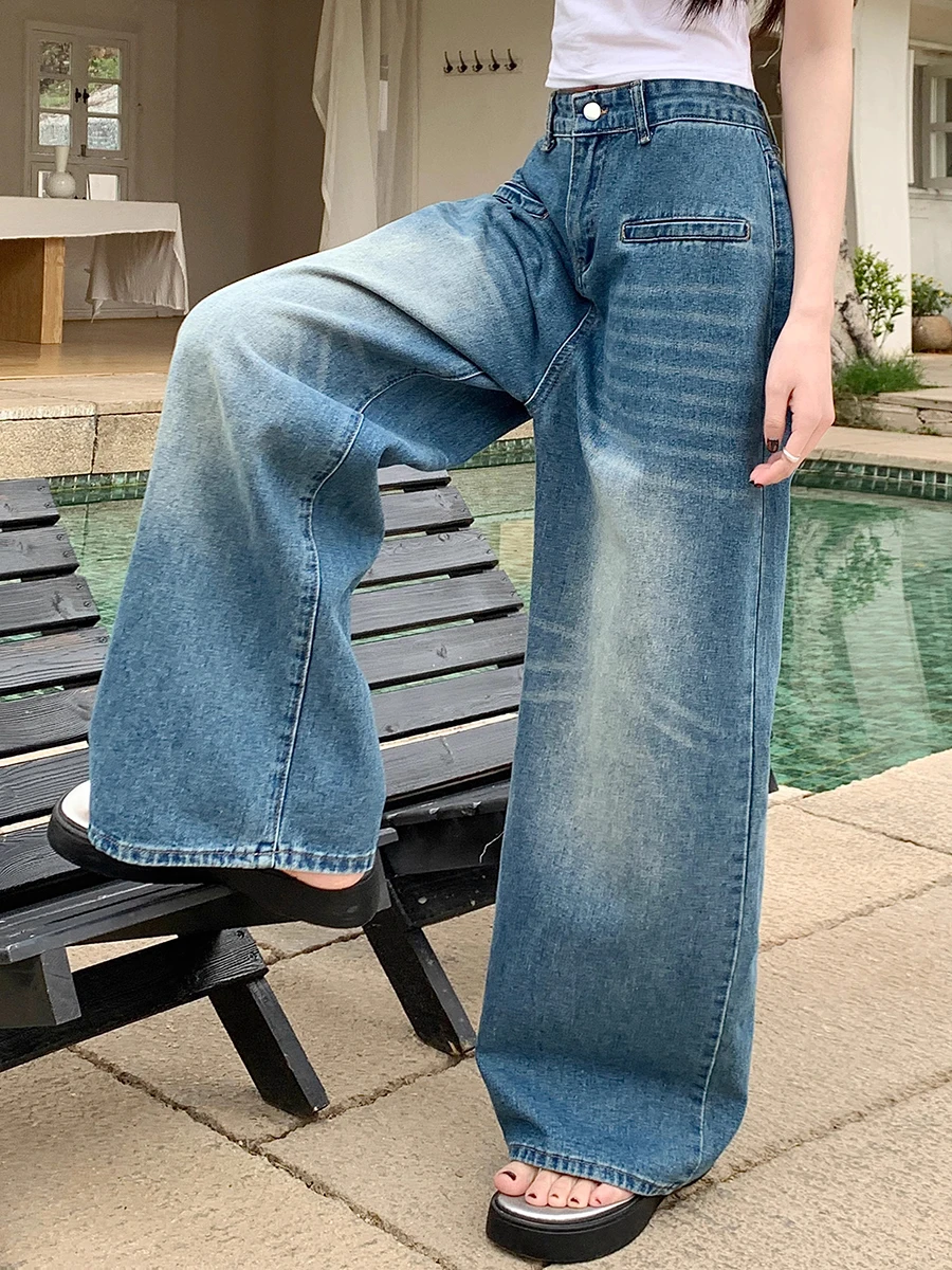 ReddaChic Vintage Blue Brushed Baggy Jeans Women Solid Casual Distressed High Waist Wide Leg Casual Pants Korean Y2k Trousers