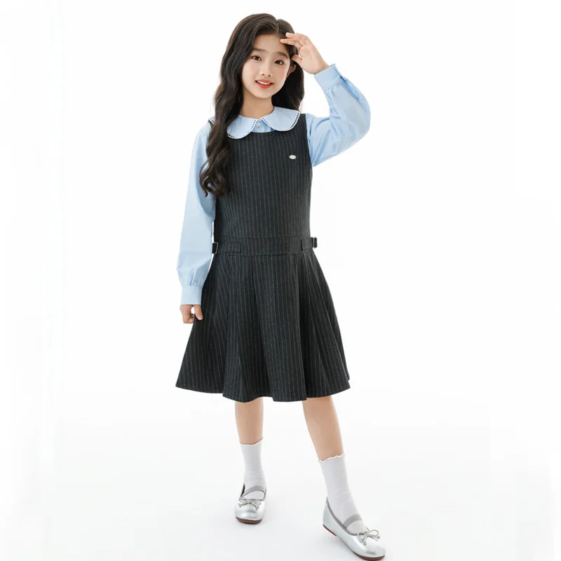 

Осенний комплект платья для девочек-юниоров, школьная корейская футболка с воротником «Питер Пэн», детское полосатое плиссированное платье для девочек, костюм из 2 предметов для девочек