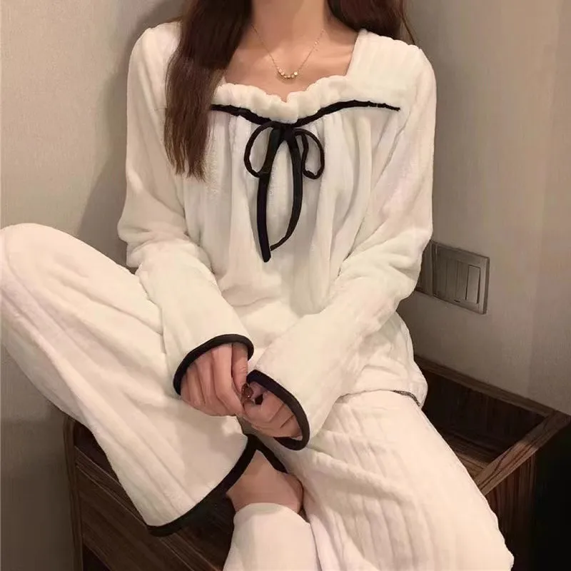 Neues Mädchen-Pyjama-Set mit Schleife, Langarm und Langer Hose für Frauen, Auch für Draußen Tragbar, Lässige Studenten-Homewear, Damen-Freizeitkleidung-Set
