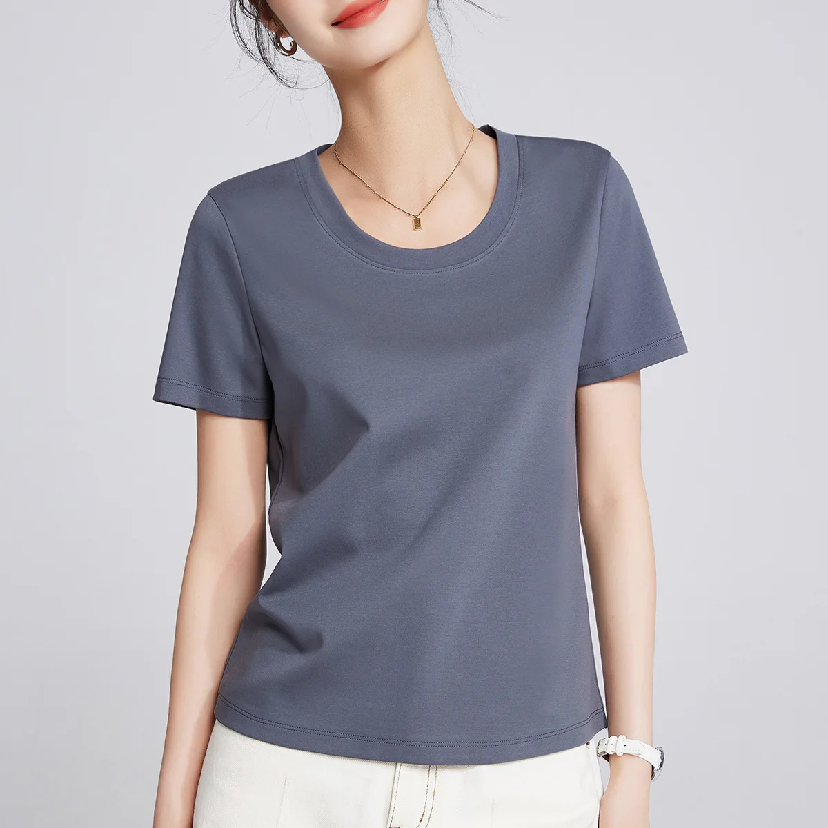2025 Summer Women's Pima Cotton T-Shirt | Cooling 80s Double Mercerized Wide U-Neck Top | Silky Breathable Elegant Casual Blouse