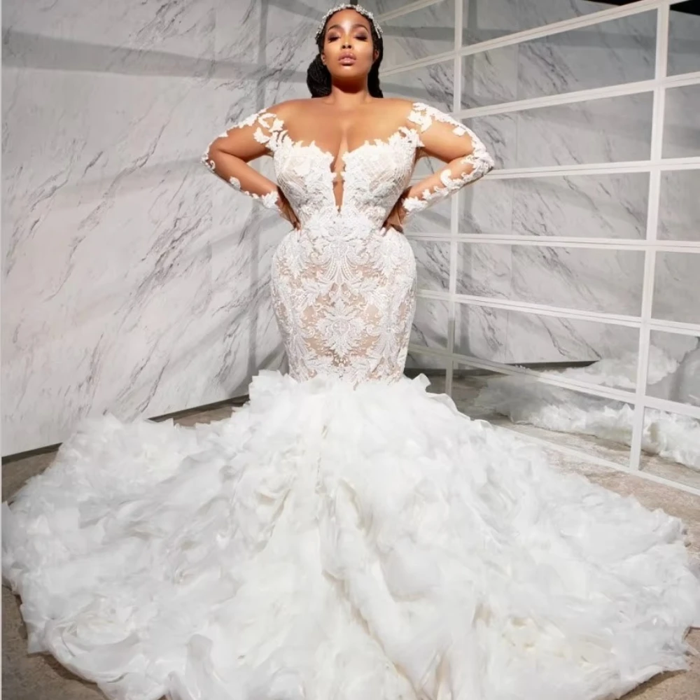 رشيقة حجم كبير حورية البحر فساتين الزفاف طويلة الدانتيل بلا أكمام يزين المتدرج الكشكشة فستان زفاف شير الرقبة Vestido de novia