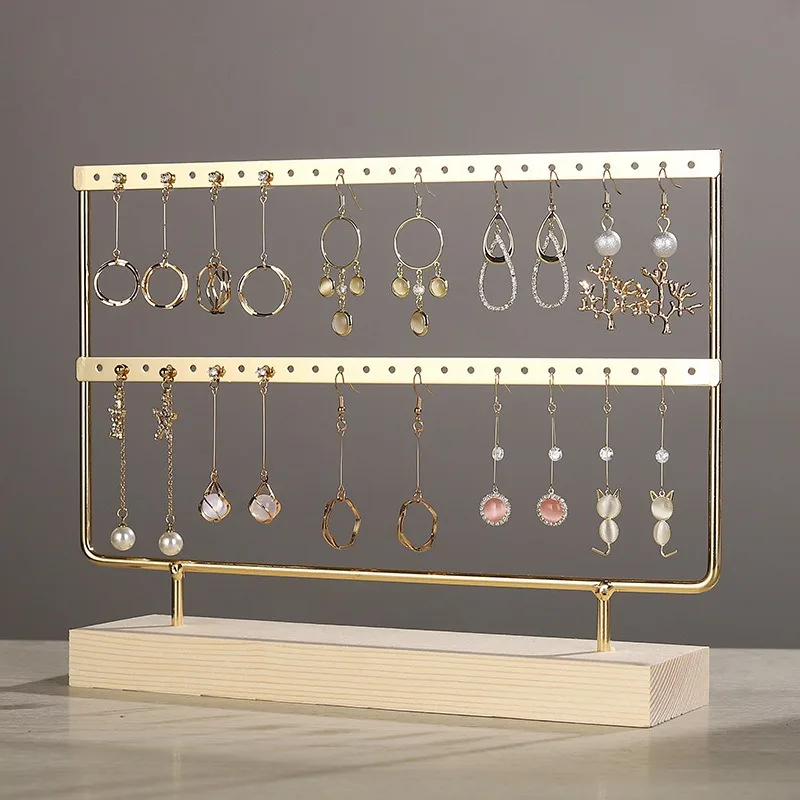 Luxury Multilayer Metal Earrings Display Stand With Wood Base Pendant Earring Jewelry Storage Racks Hanging Holder Counter Props