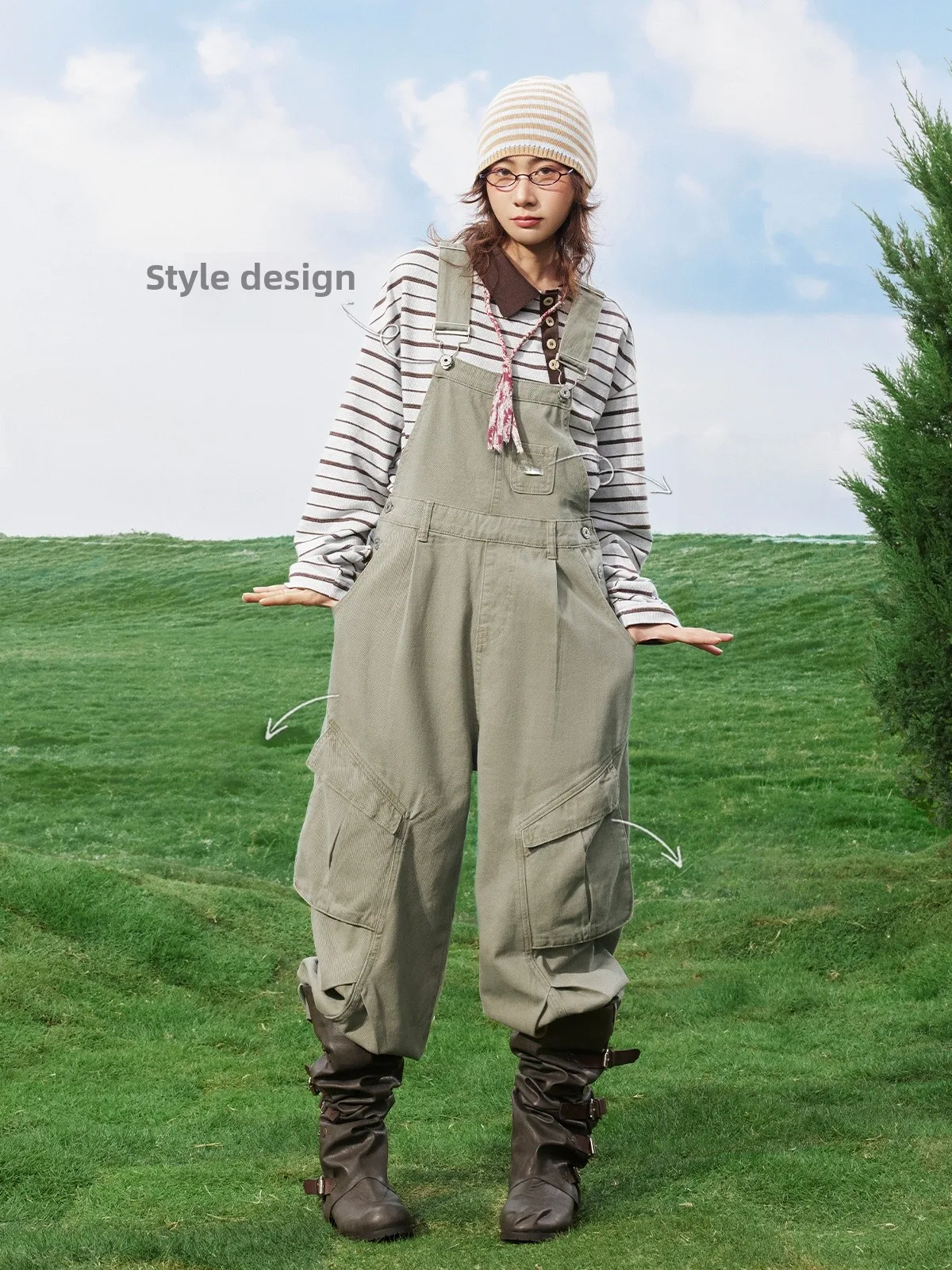 

Maood Japanese Sle Loose Fit Casual Cotton Workwear Overalls with Big kets Waed Effect Comfortable Breathable