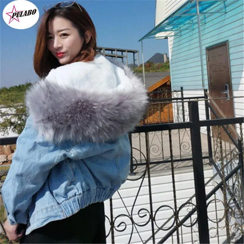 PULABO Jeans Jacket Women Winter Denim Short Coat Lady Warm Faux Fur Velvet Fluffy Hooded Outwear Casual Jean Trucker Overcoat