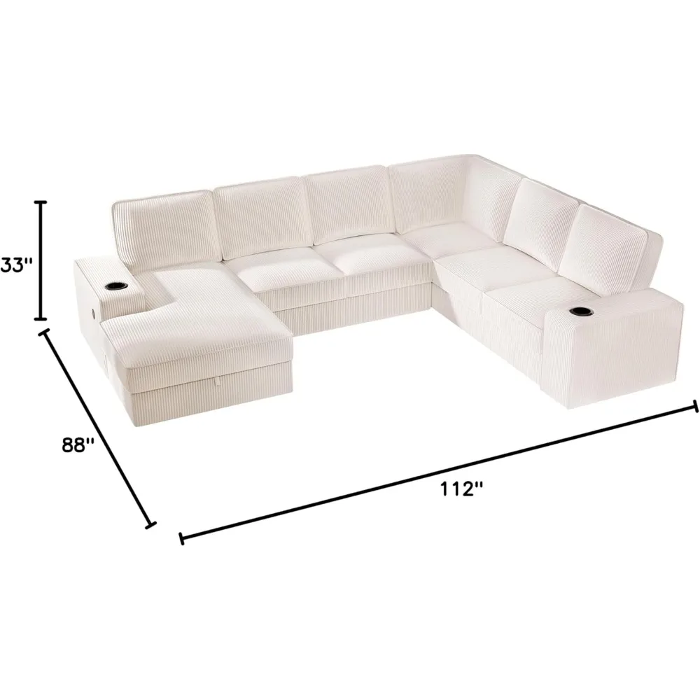 U Shaped Sofa, 7 Seater Sofa with USB Ports, Sectional Sofa Couch with Storage Chaise