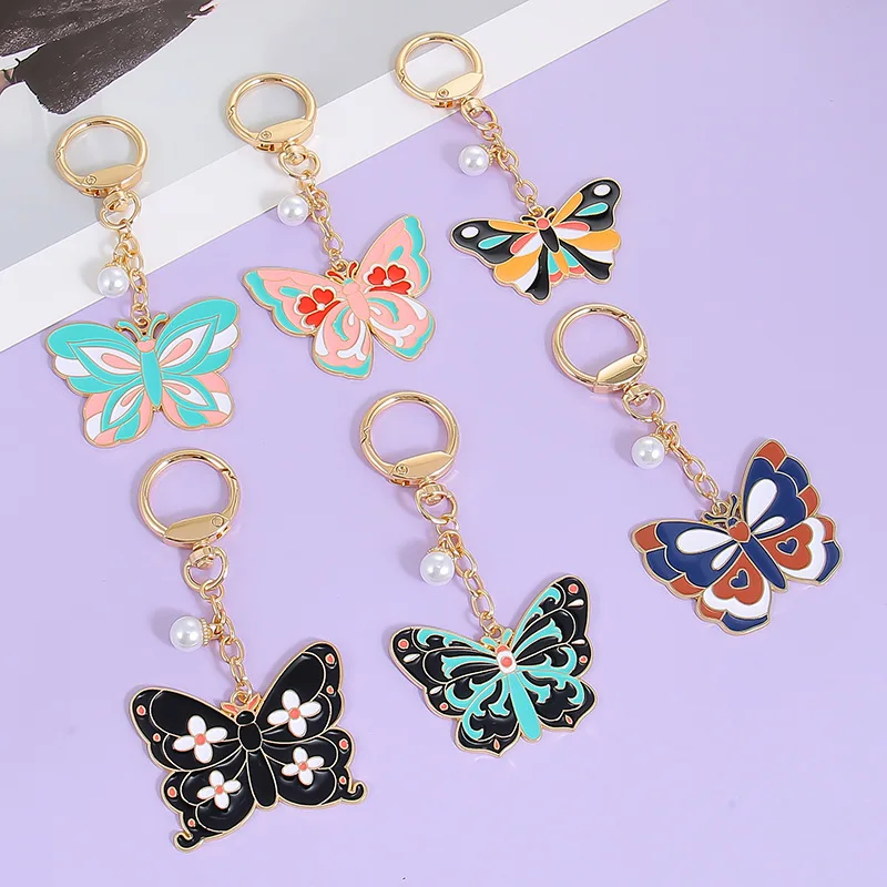 Women Butterfly Keychain Colorful Enamel Cute Keyring Gold Tone Metal Pearl Charm Bag Pendant Jewelry Accessory Gift