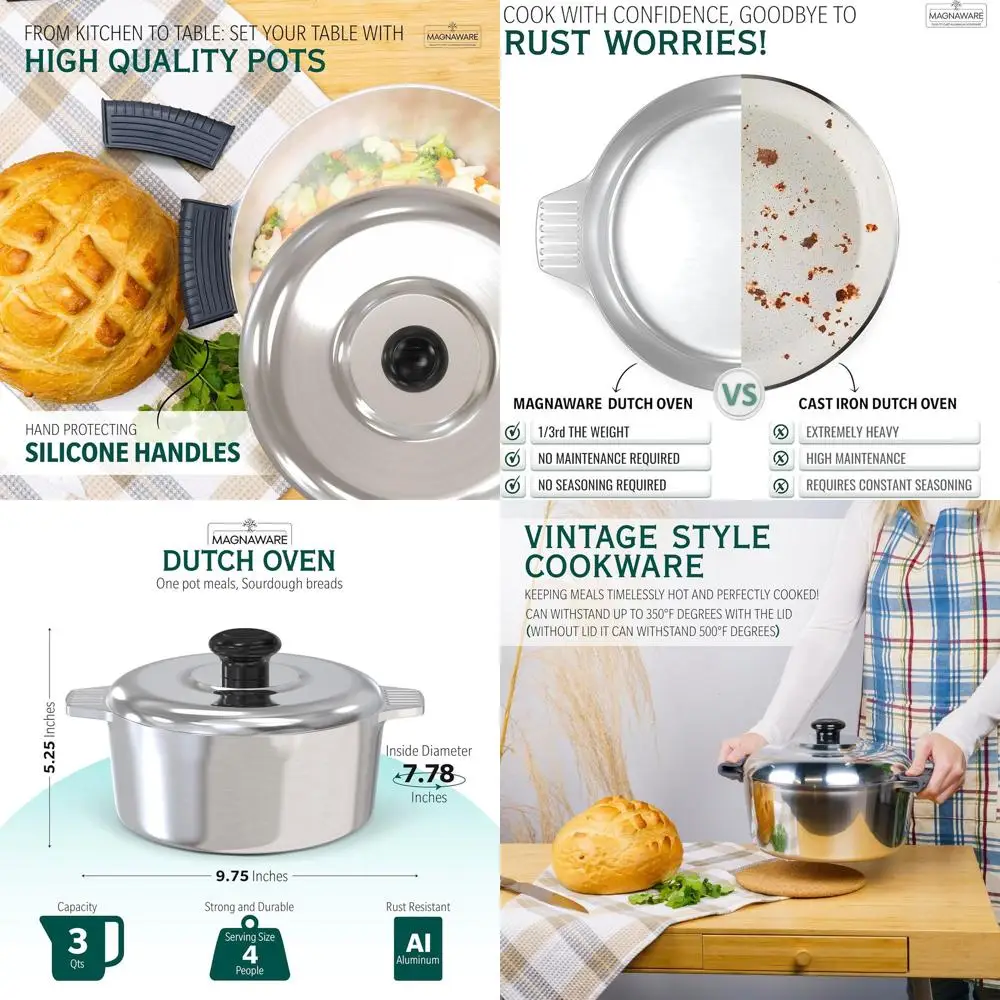 

3-Quart Lightweight Cast Aluminum Dutch Oven with Lid and Silicone Handles for Even Heat Distribution - Ideal for Baking, Stews,