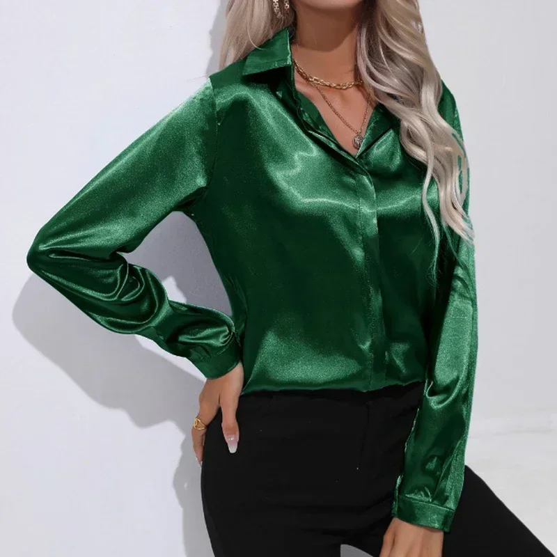 Long Sleeve Satin Shirt Fashoin Women Clothing Solid Silk Casual Blouses Women Turn-down Collar Lady Tops Blusas Elegant 29730