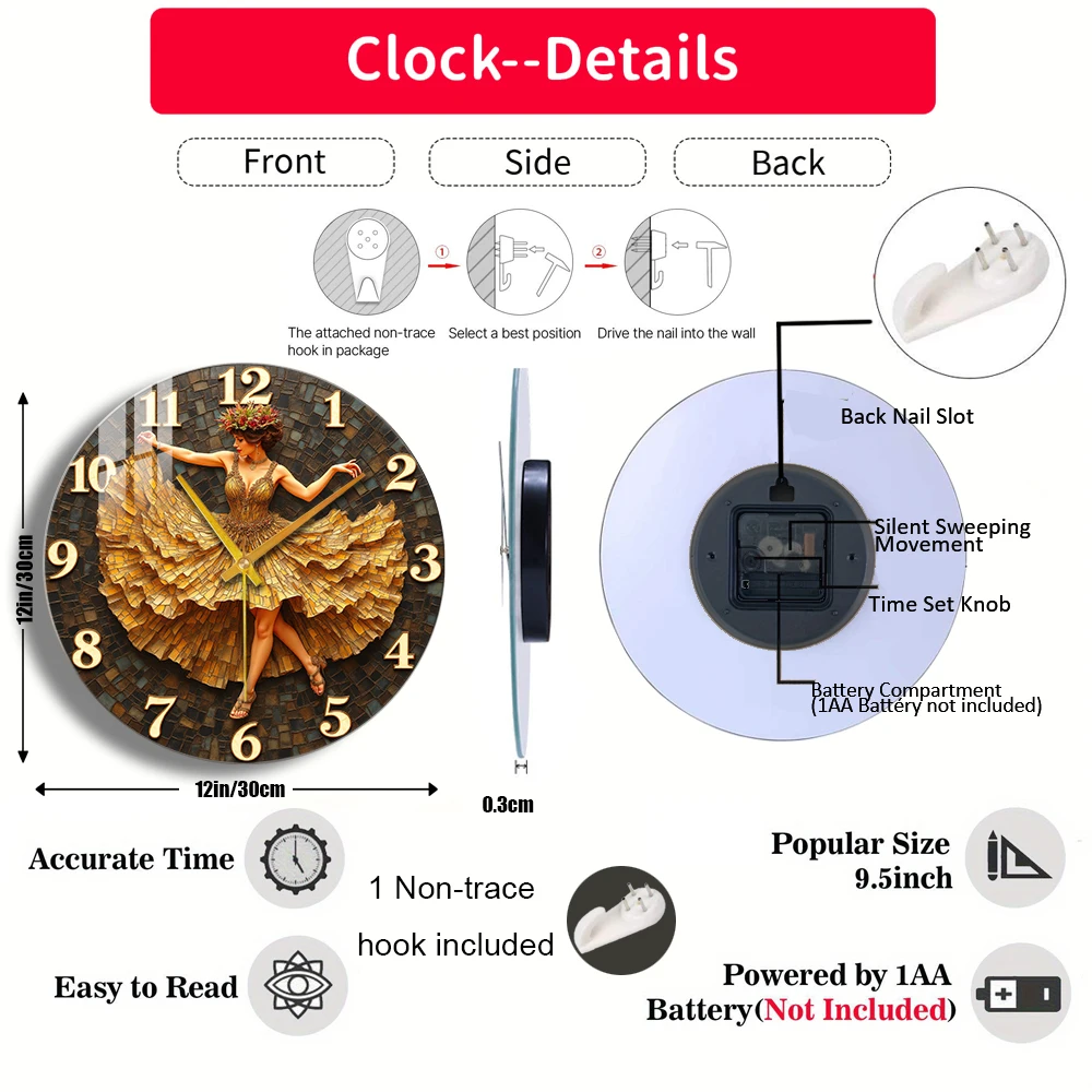 Tempered Glass Wall Clock Dancing Woman Mosaic Clock Dress Suitable For Wall Decor or Tabletop Display Anywhere