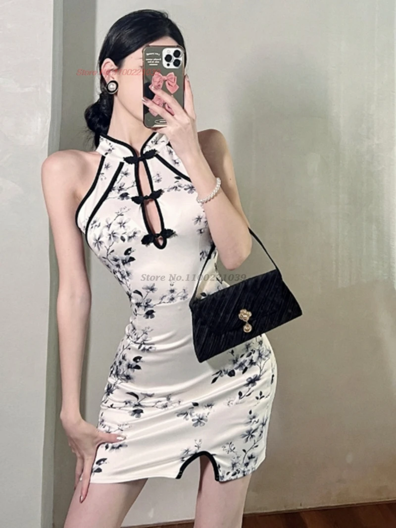 

2025 chinese sexy dress improved cheongsam national flower print sleeveless qipao nightclub banquet evening dress qipao vestido