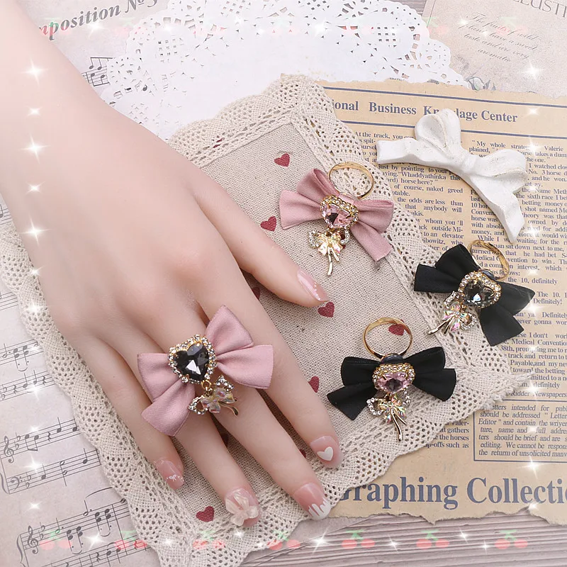 Y2K Girl Rings Bow Women's Rings Lolita Style Accessories Sweet Cute Heart Ring Rhinestone Bowknot Pendant Jirai Ring