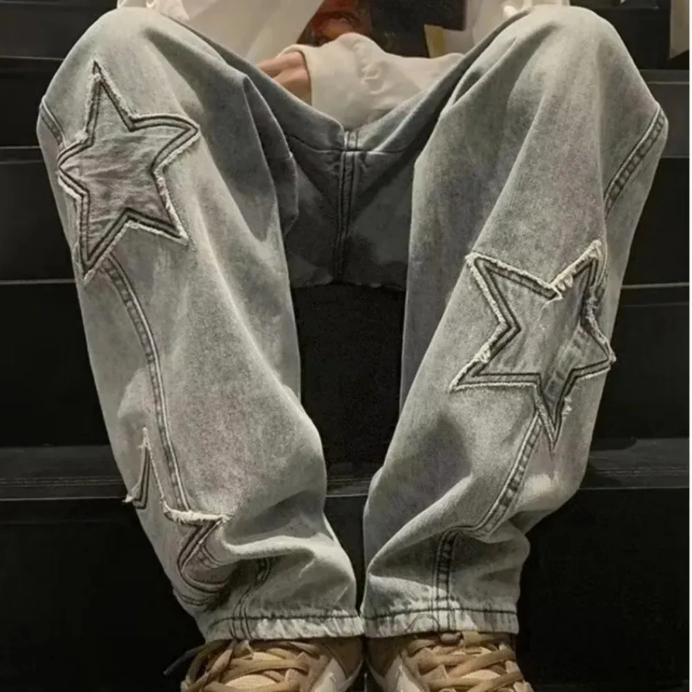2024 New Fashion Star Embroidery Straight Casual Men Jeans Gothic Neutral Wide Leg Loose Hip-hop Fashion Youth Streetwear Denim