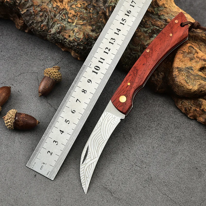 Modello laser 3CR13 Coltello a lama pieghevole in acciaio inossidabile Coltelli da tasca con manico in palissandro da campeggio all'aperto Strumento manuale per la sopravvivenza