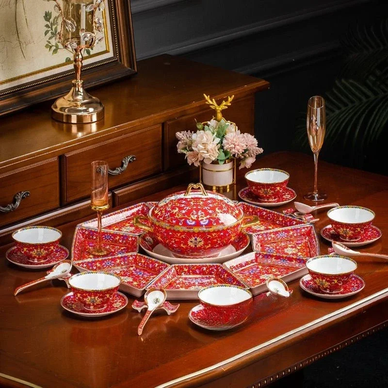 Ceramic platter set, enamel color Chinese household dishes and dishes combination