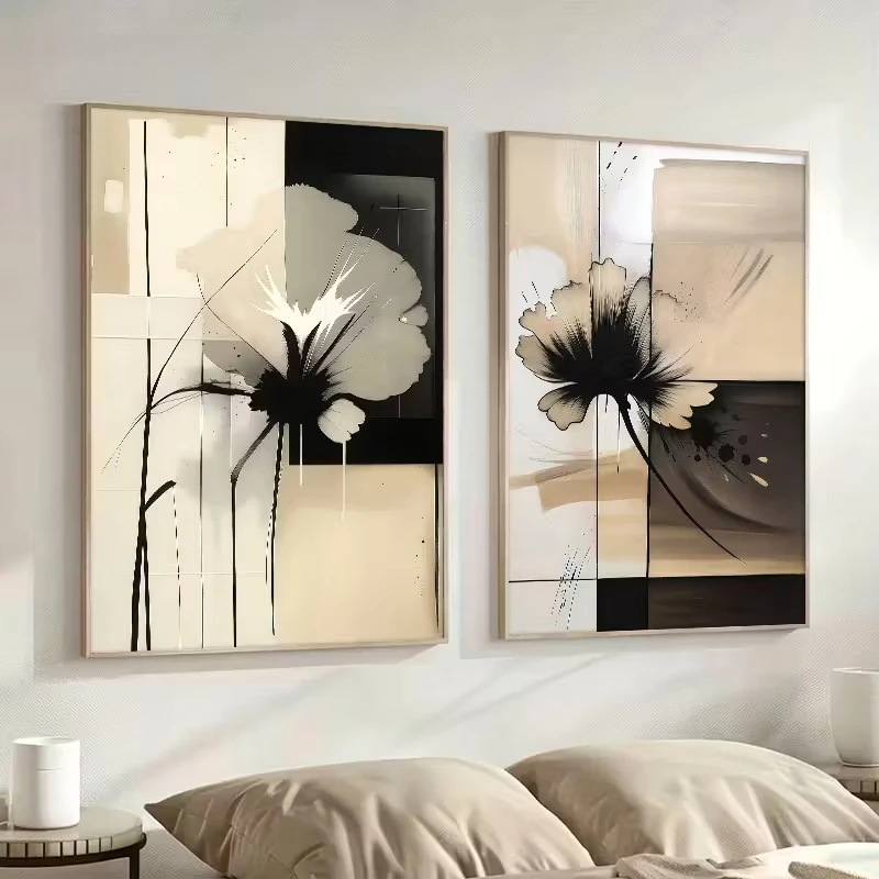 

2pcs Simple and Abstract Black and White Floral Canvas Poster Wall Art for Modern Living Room, Dining Room and Home Decoration