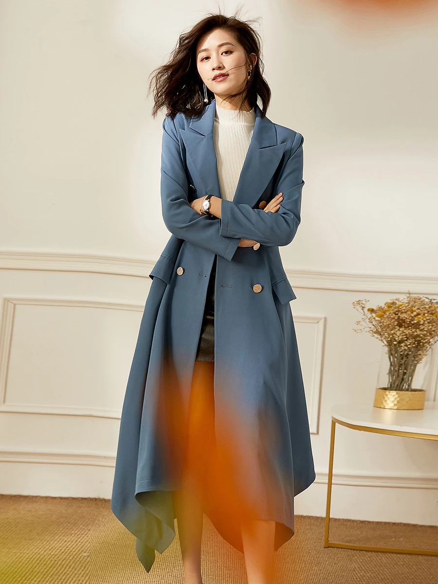 

Elegant Long Trench Coat for Women Spring Fall Button Front Coat New Irregular Outerwears Office Lady Party Outfit Clothes