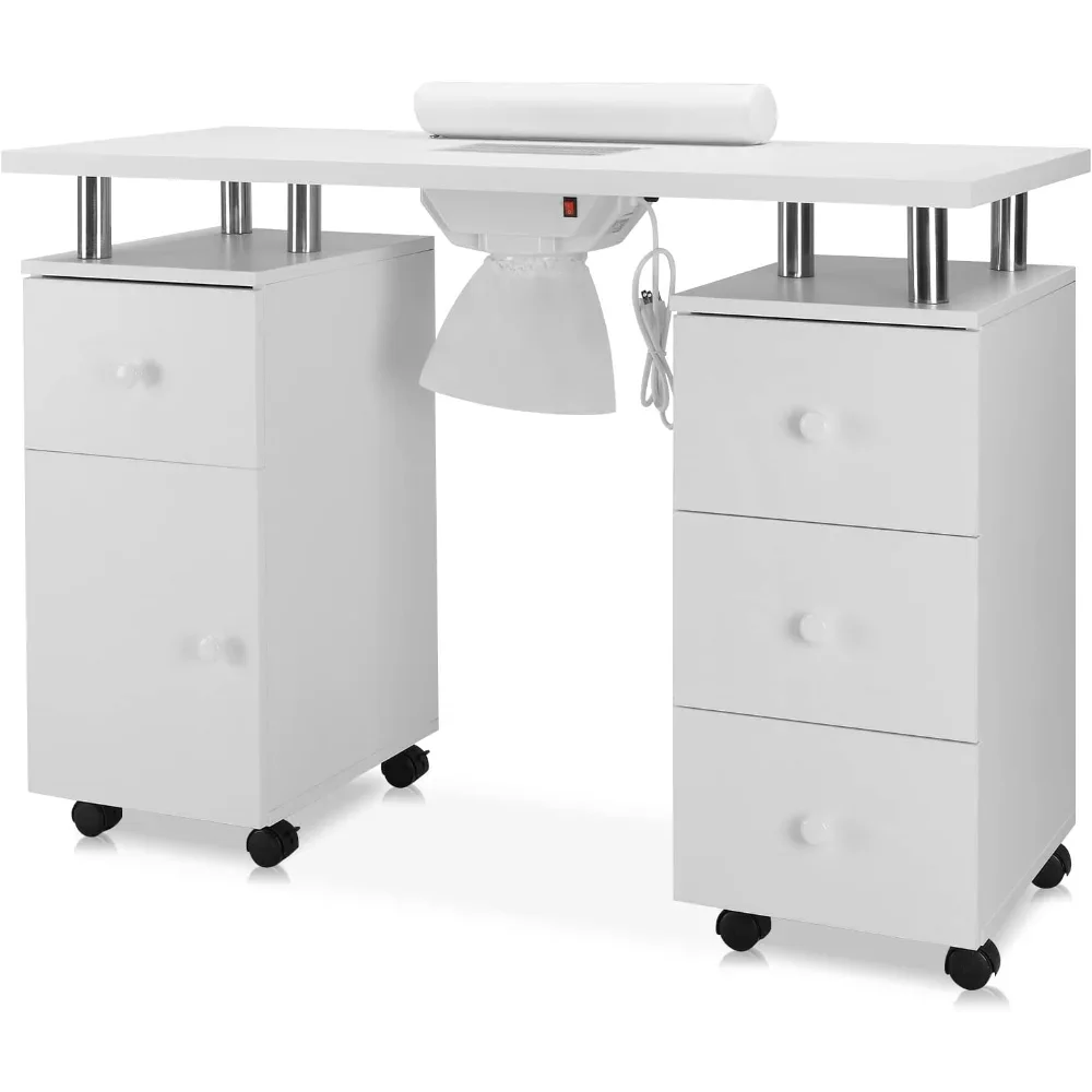 

Nail table with electric dust collector, nail cosmetic storage, equipped with lockable wheels, wrist pads, drawers, and cabinets