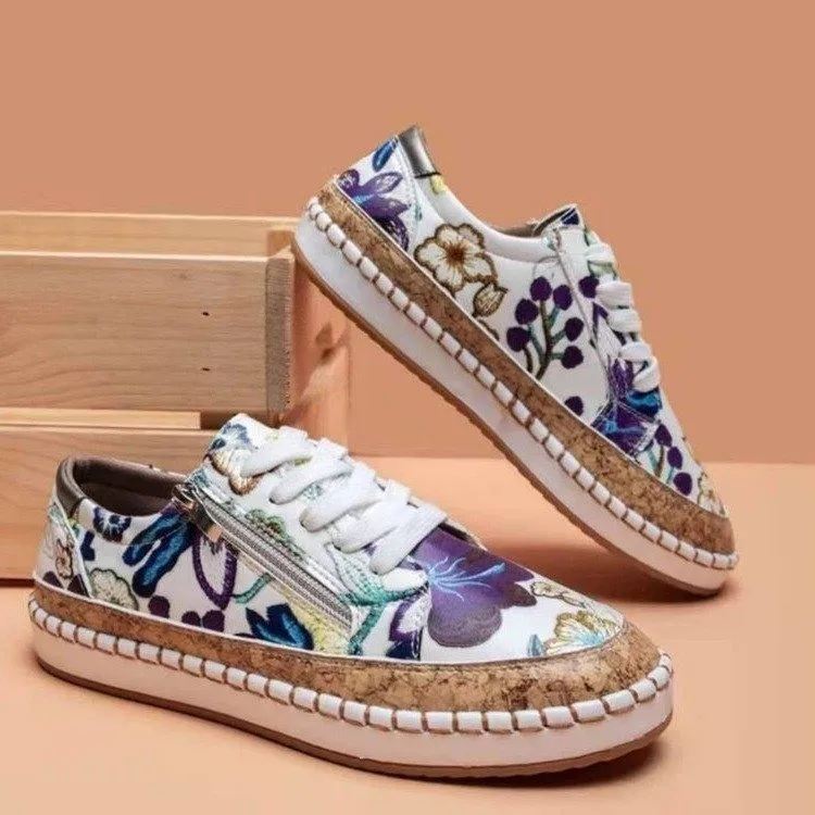 Women's Sneakers Lace Up Casual Footwear Floral Pattern Flat Heel Cork-Look Trim Side Zipper Comfortable Daily Walking Shoes