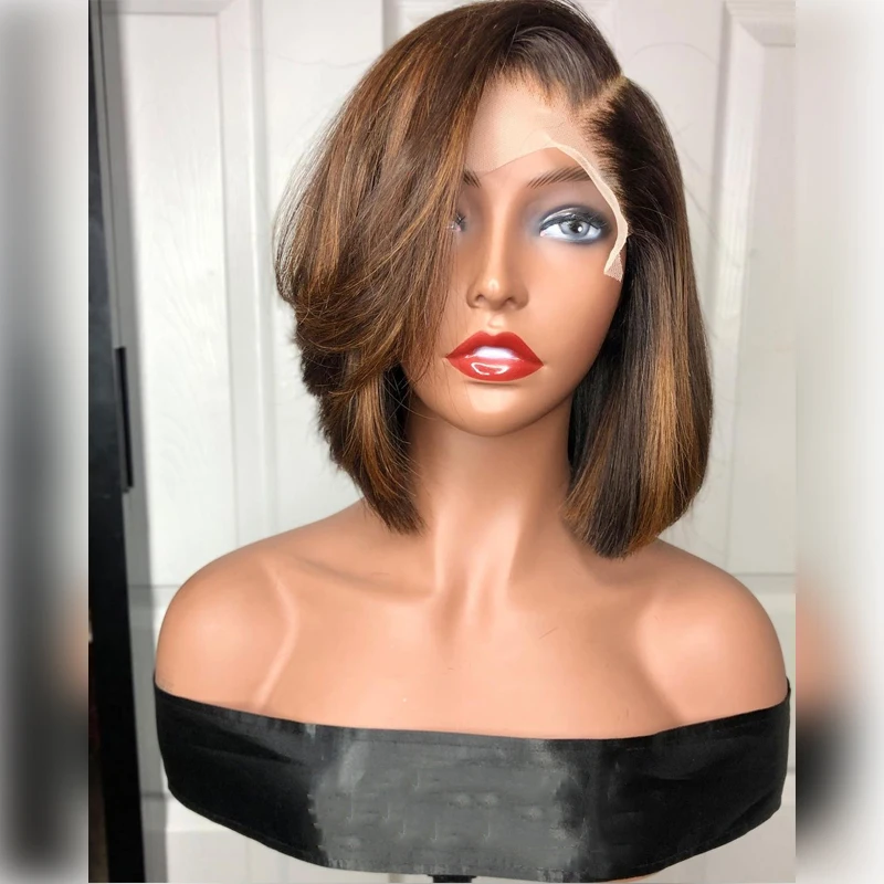 Honey Blonde Highlight Ombre Colored Short Bob Straight Wig 13X4 Lace Front Human Hair 4X4 Closure Frontal Wigs Preplucked Remy