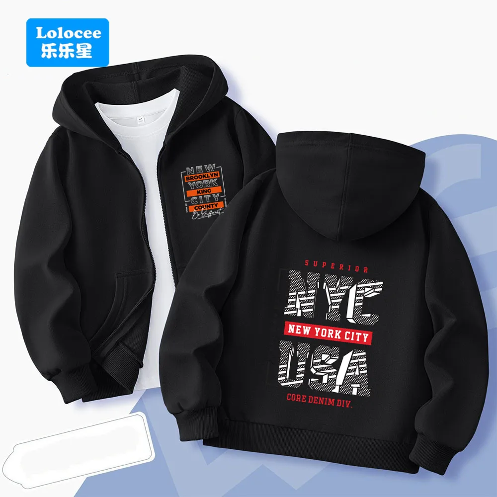 NEW YORK USA Letter Boys' Hooded Jacket Spring Autumn Trend Street Fashion Outdoor Hiking Zipper Loose Casual Coat ZMNY2