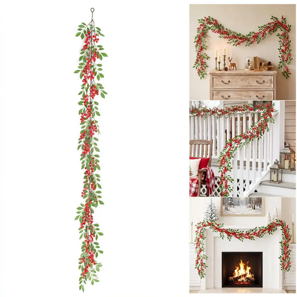 Decorative Berry Vine Christmas Artificial Green Leaves Red Fruit Garland For Home Wedding Background Wall Ornament