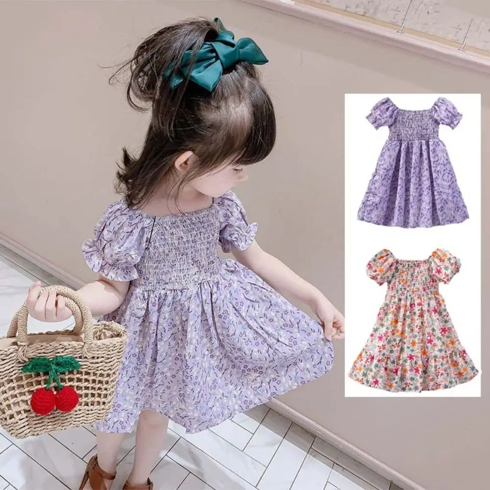 

Puff Sleeve Girls Floral Dress Square Neck Flower Summer Kids Dresses Pleated Loose Children Princess Dress Beach Vacation