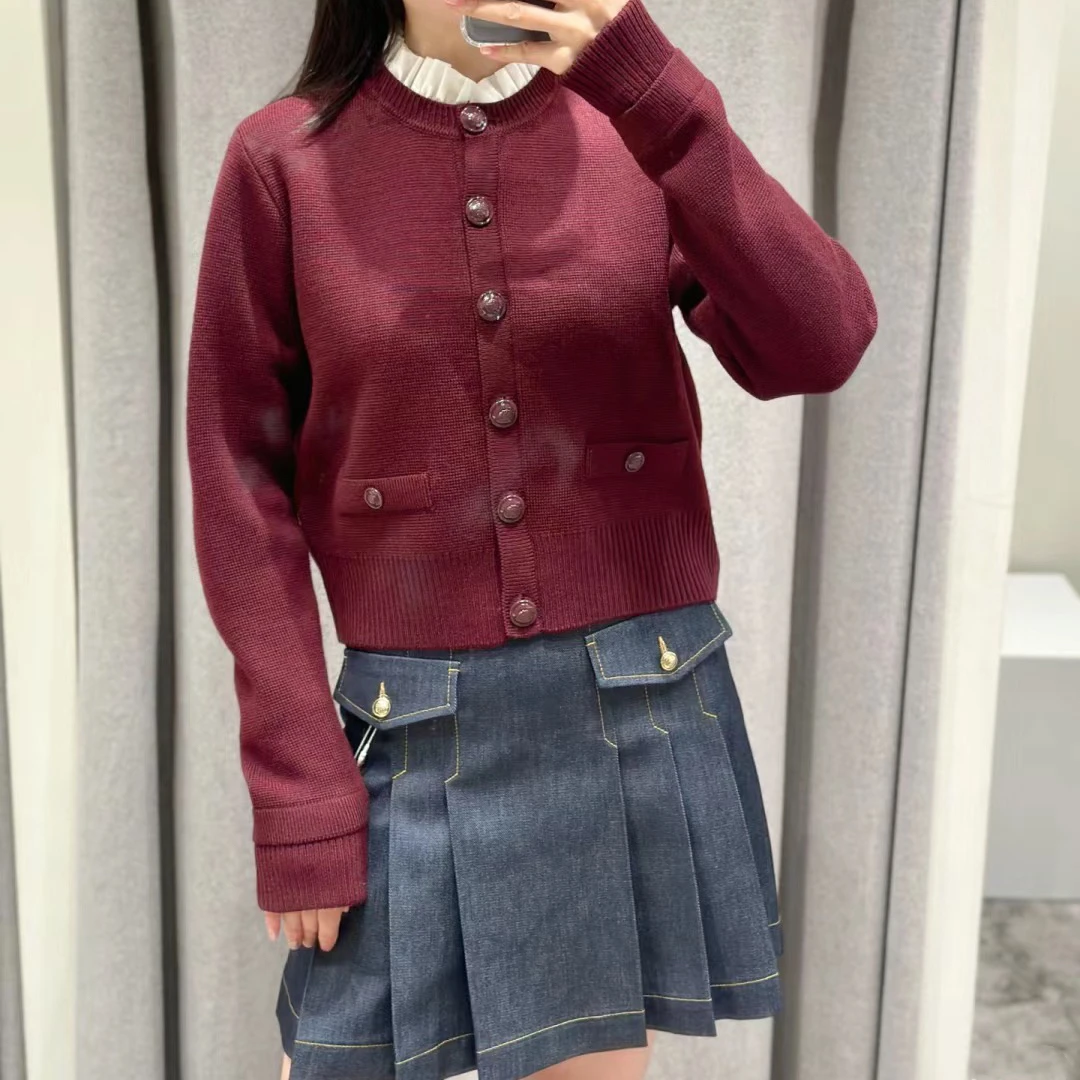 Wine Red Coat Temperament Contrasting Lace Collar Patchwork Knitted Cardigan ,high-quality S Home 24 Autumn/winter French Style