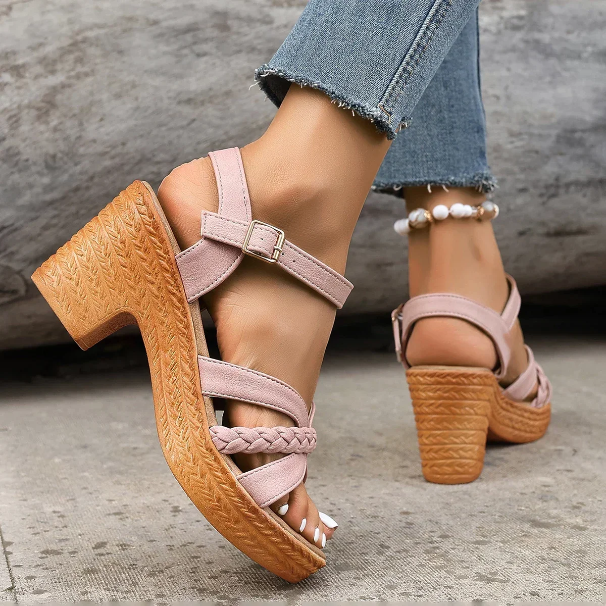 Ankle Strap High Heels Sandals for Women 2026 Summer Platform Gladiator Sandalias Mujer Weaving Cross Band Chunky Heeled Sandles