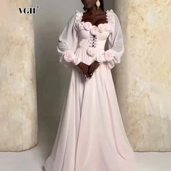 VGH Elegant Spliced Appliques Hollow Out Long Dresses For Women Square Collar Lantern Sleeve High Waist Solid Chic Dress Female