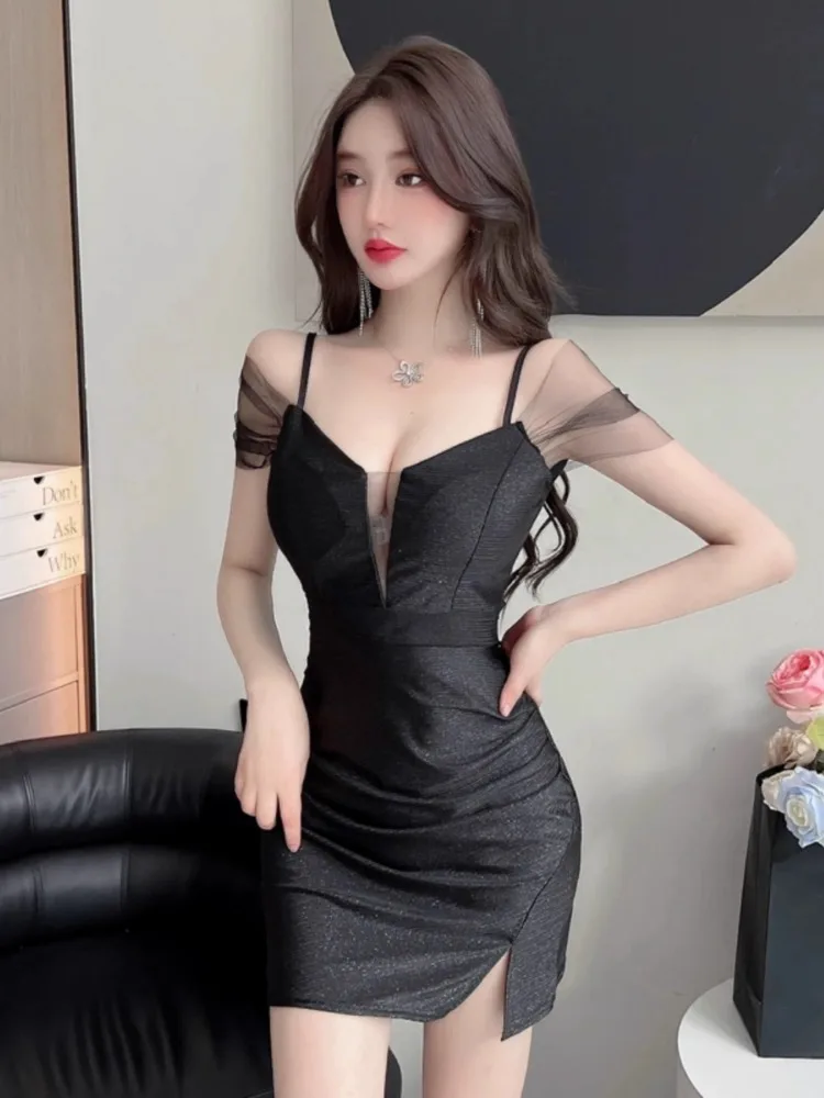 Kimotimo Sexy Spliced Mesh Suspender Night Club Dress Women Summer Temperament Off Shoulder Waist Wrapped Split Short Dresses