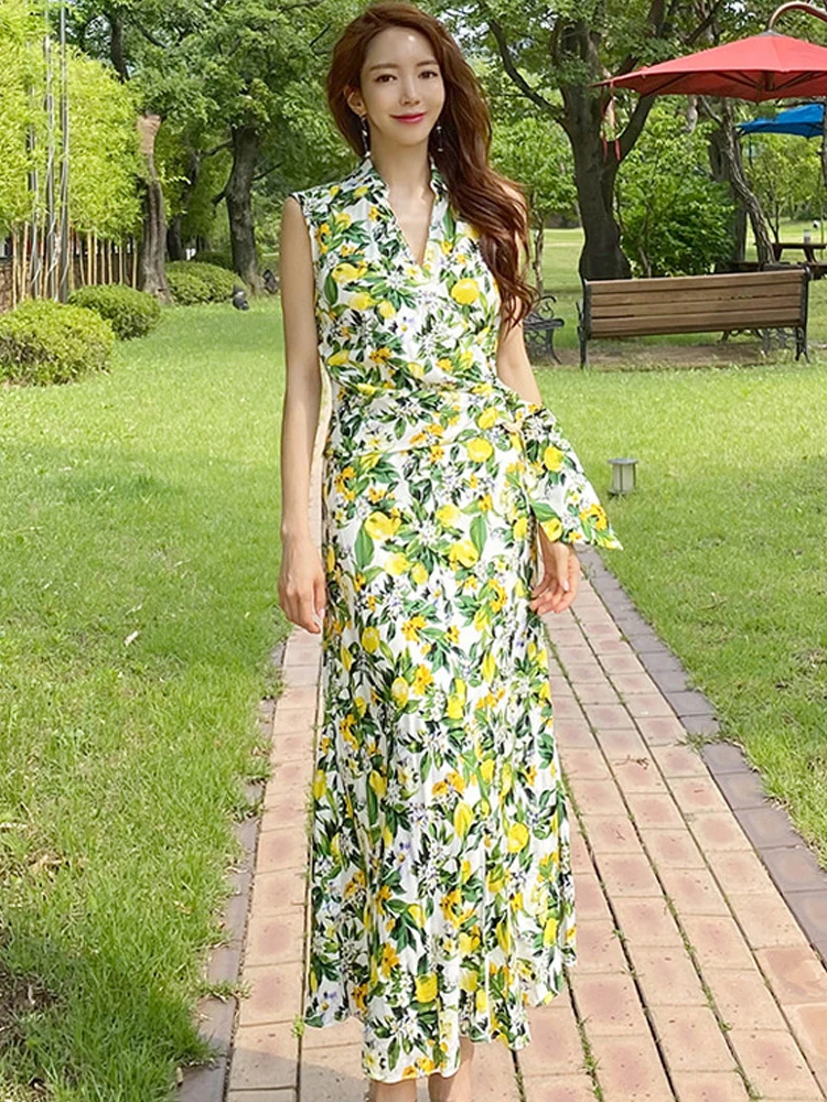 

Women's 2023 Summer Korean Style Flowers Printed Long Dress Fashion Holiday Beach Robe Lace Up Maxi Gown Femme Vacation Vestido