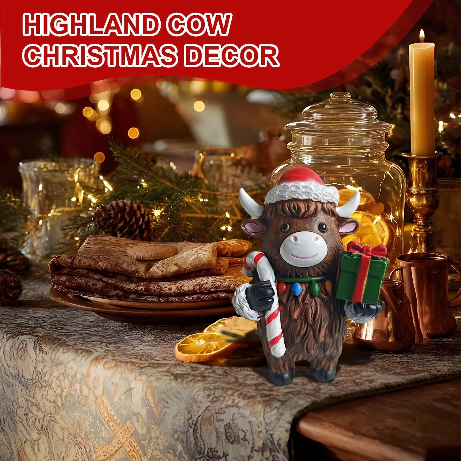 Highland Cow Figurine Home Highland Cattle Christmas Sculpture Resin Scottish Sculpture Ornament For Festive Home Entrance Shelf