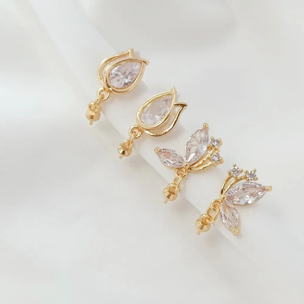 

14K Gold-plated, Zircon Crystal Flower Bud Flying Butterfly with Empty Needle S925 Earrings DIY Handmade Earrings