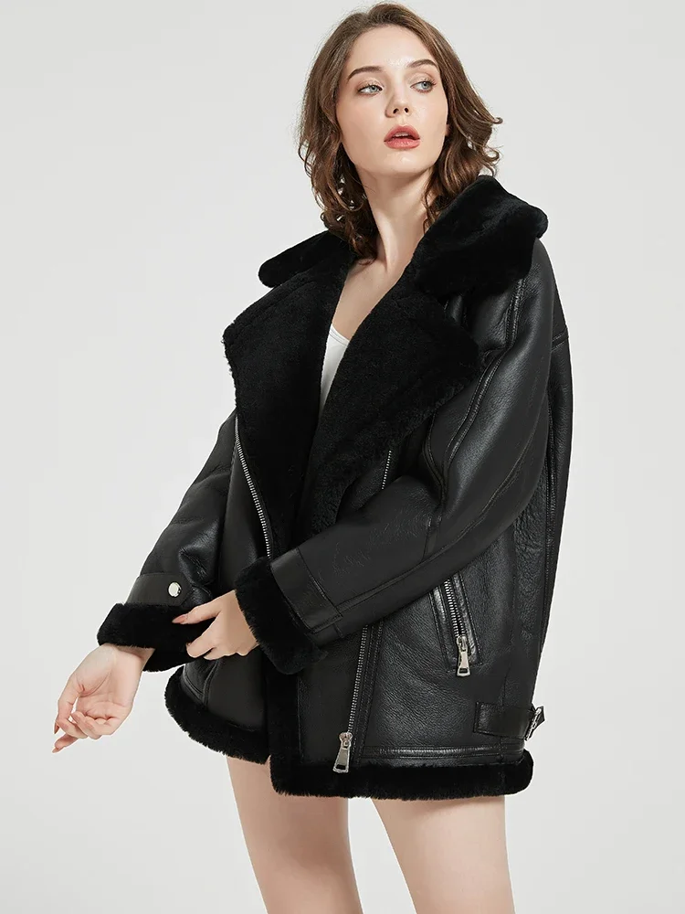 Fashionable Women Black Checkered Motorcycle Suit Merino Wool Fur One-piece Jacket New Collar Neutral Fur Coat