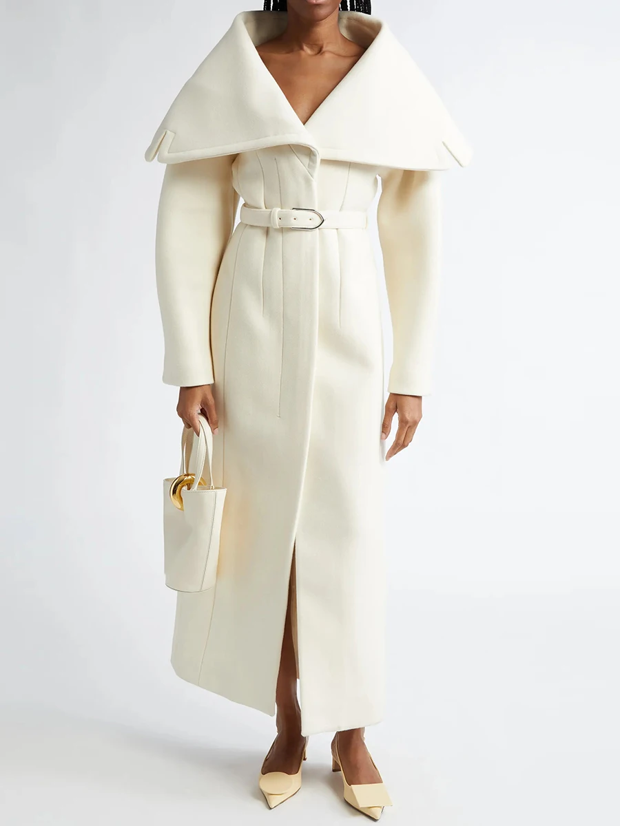 TWOTWINSTYLE Minimalist High End Coat for Women Lapel Long Sleeve Spliced Belt Slim Temperament Wool Coat Female Autumn Style