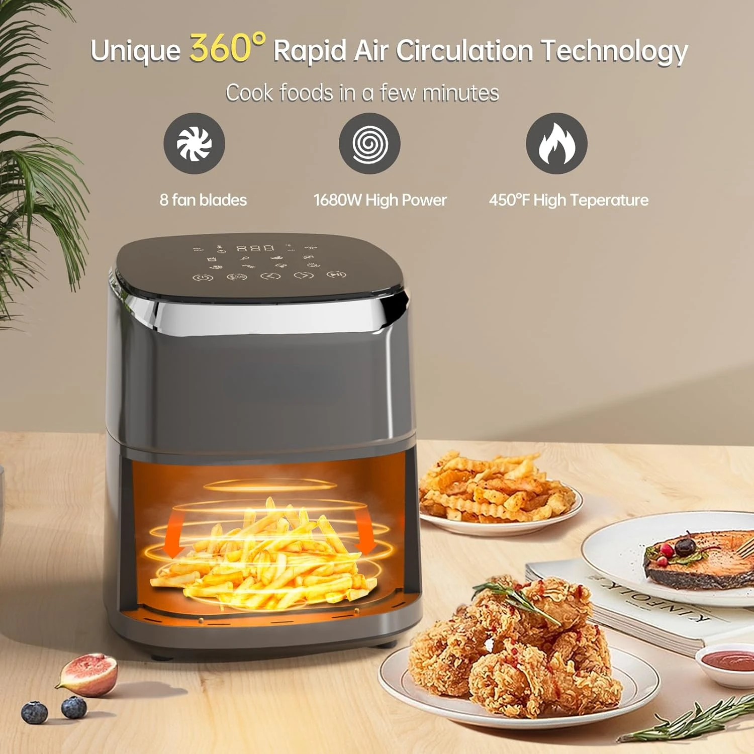 Freidoras de aire 4 Qt, 9 programas de cocina inteligentes personalizables, freidora de aire compacta, recordatorio de vibración, potente cocina sin aceite de 1550W, Temper