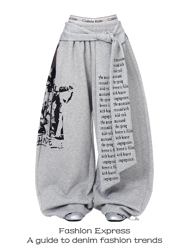 

Женские брюки в расслабленном американском стиле с ретро-принтом и поясом, широкие брюки для уличных танцев, хип-хоп, модные свободные повседневные брюки