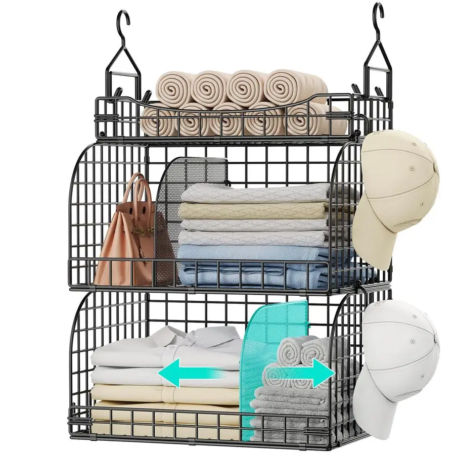 

Hanging Closet Organizer Storage 3 Tier Metal Stackable Hanging Closet Shelves with Dividers and S Hooks, Foldable Clothes Shelv