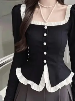 Camicia abbottonata a maniche lunghe con colletto quadrato in pizzo irregolare stile francese Camicia da donna in due pezzi finta versatile autunnale