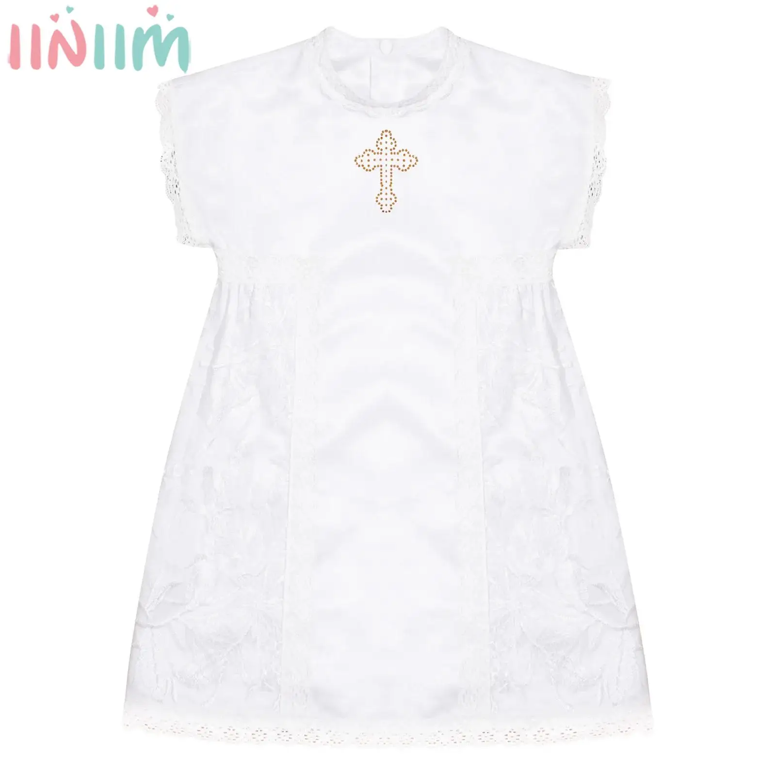 

Infant Girls White Baptism Christening Dress Short Sleeve Lace Rhinestone Gown Birthday Wedding Party Church Prayer Costume