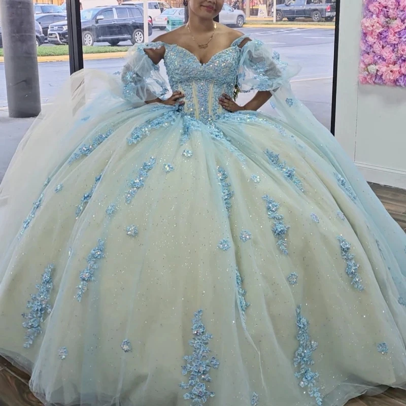 

Shiny Sky Blue Quinceanera Dress Ball Gown Champagne Lining Lace Applique Crystals Beading Tull Sweet 16 Vestido De 15 Anos