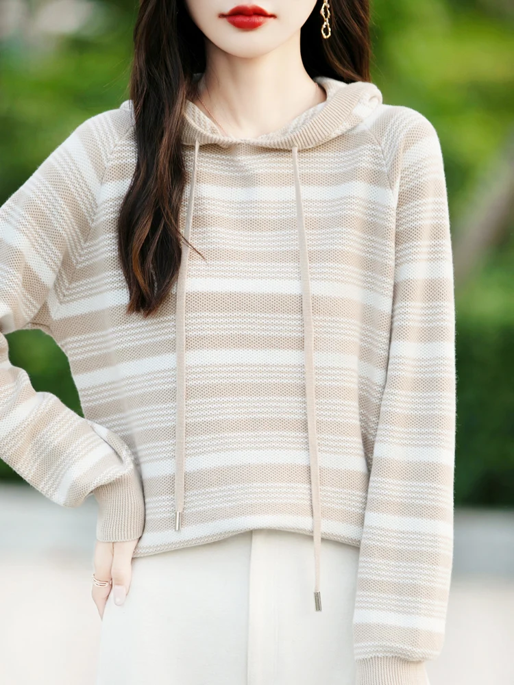 Spring Autumn New 100% Cotton Sweater Women\'s Hooded Knitted Pullover Fashion Striped Loose Large Top Long Sleeve Fashion Korean