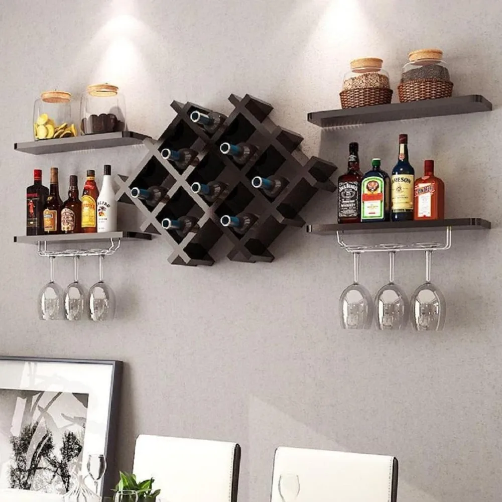 Wall Mounted Wine Racks Shelves Set of 5 Wine Storage Display Rack Wooden Wine Bottle Shelf Set with Glass Holder