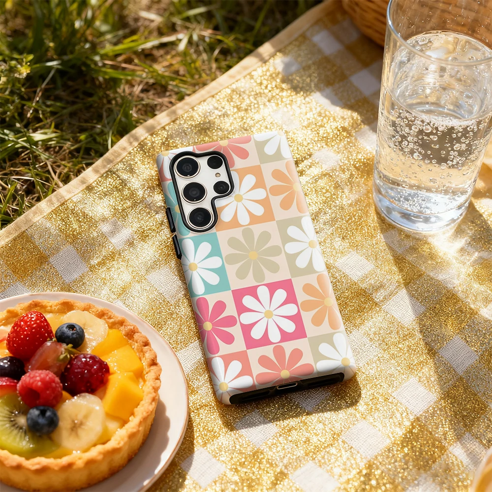 حافظة هاتف مرقعة على شكل زهور لهاتف سامسونج جالاكسي S25 Ultra S24 S23 Ultra Plus غطاء خلفي لامع بطبقة مزدوجة