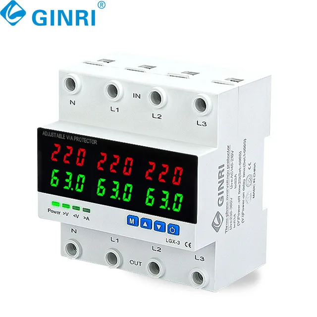 Adjustable 3 Phase 220v 63a Din Rail Over and Under Voltage Current protection Monitor Voltage Protector