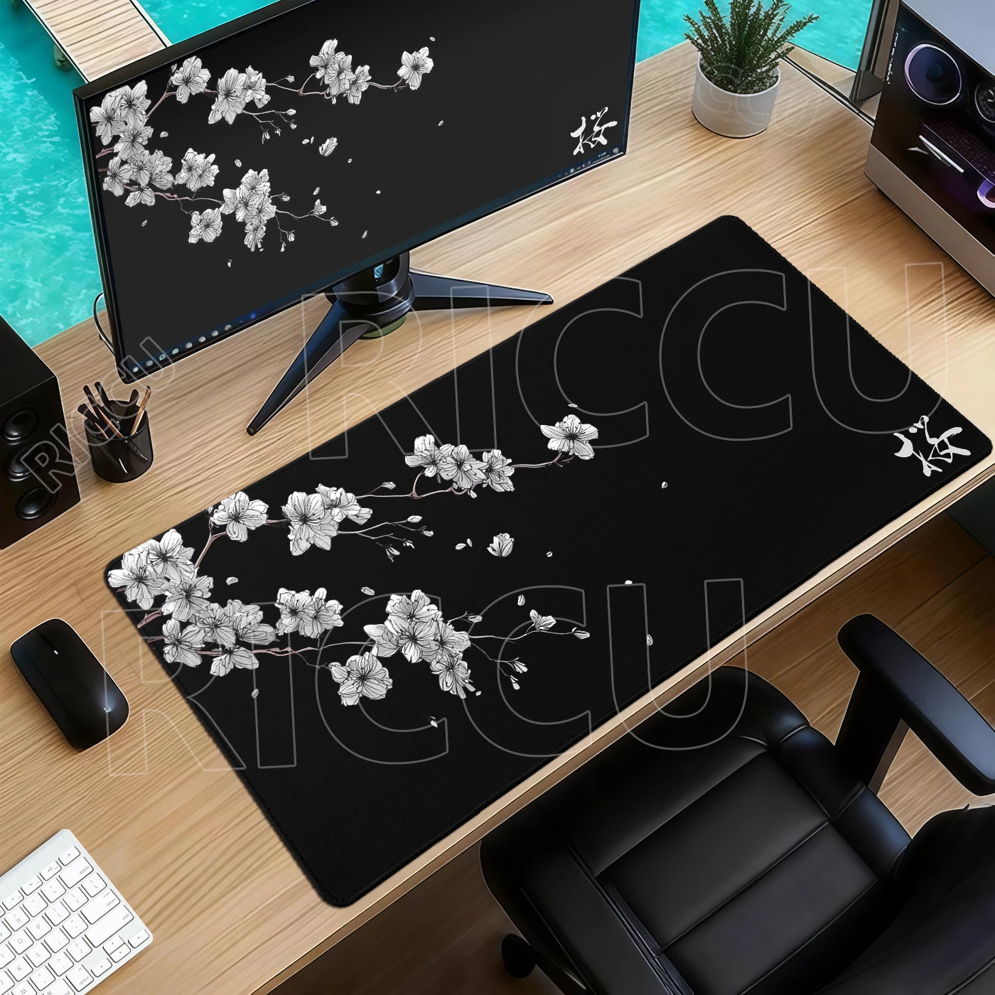 Mauspad Schwarz-Weiß Japanische Kirschblüten Gamer Extended Mousepad HD XXL Tastaturunterlage Teppich PC-Gehäuse Mausmatten Teppich