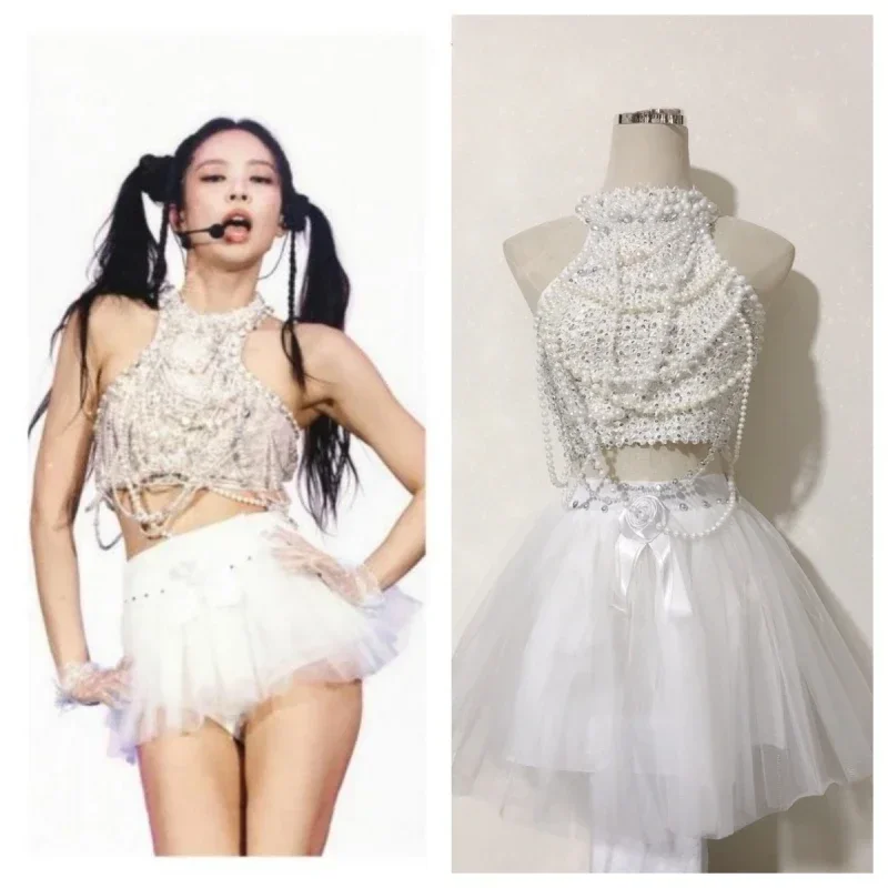 Kpop Korean Singer Y2K Jazz Dance White Pearl Halter Vest Crop Tops Stage Costume Sexy Shaggy Mini Skirt Music Festival Outfits