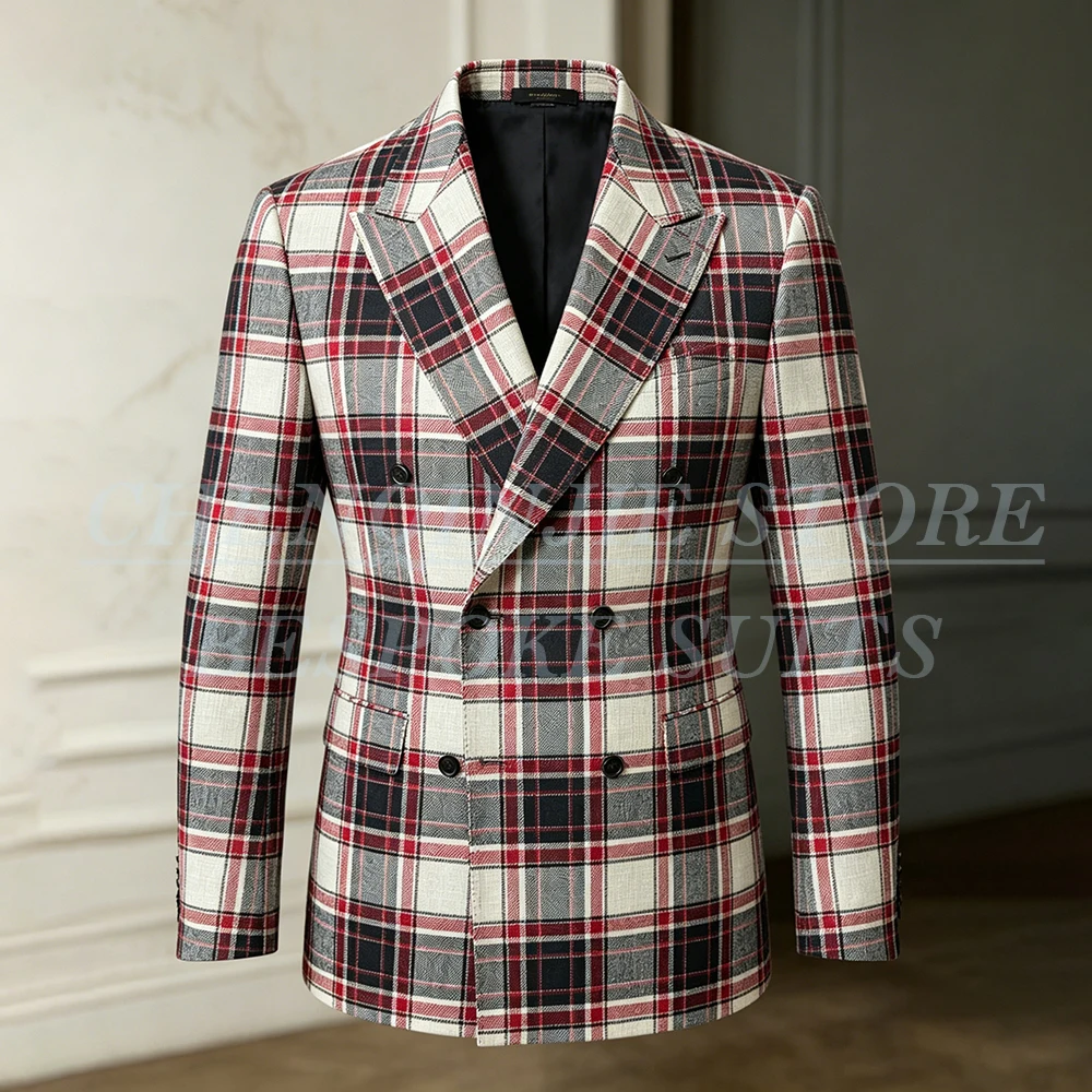 

Vintage Windowpane Men's Suits Blazer Customized Double Breasted Peak Lapel 2 Piece Jacket Pants Sets Formal Male Clothing