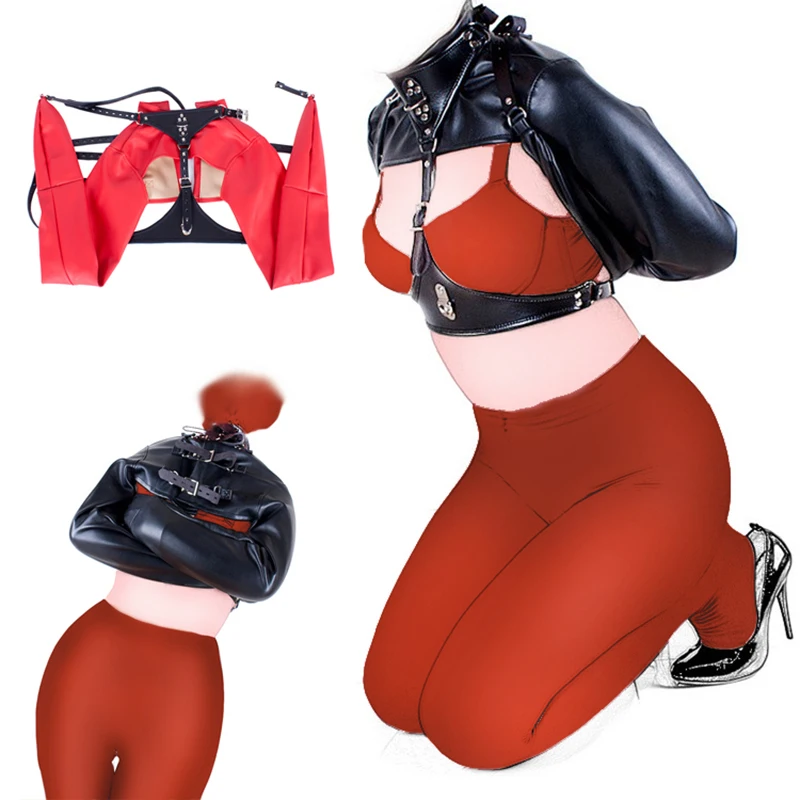 BDSM Costume Open Breast Cupless Straight Jacket Top Leather Arm Binder Restraint Fetish Body Binder Harness Women SM Sex Toys