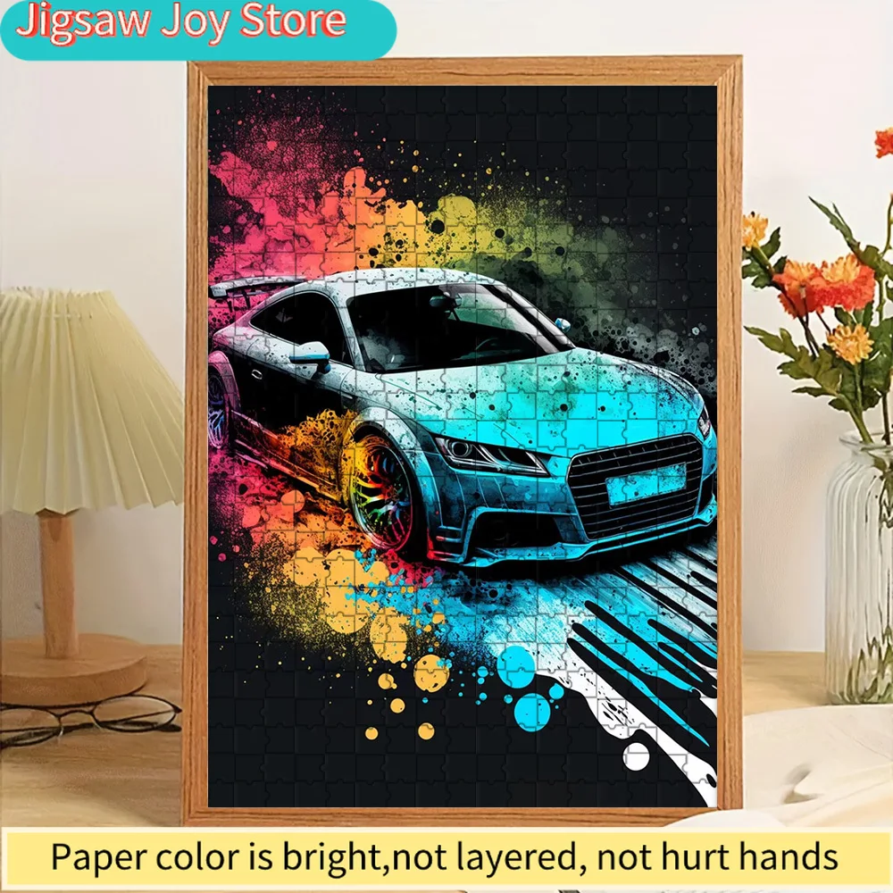 

Paper Jigsaw Puzzle Sleek Cyan Audi Sports Car with Vibrant Rainbow Paint Splatter Art Print Wall Decor Modern German Sports Car